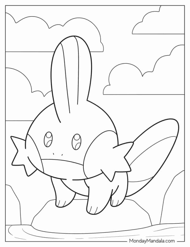 Adorable Mudkip Standing On Rock - Pokemon Coloring Page