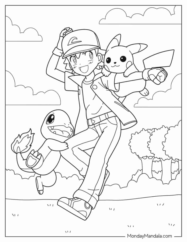 Ash Character With Pikachu And Charmander - Pokemon Coloring Page