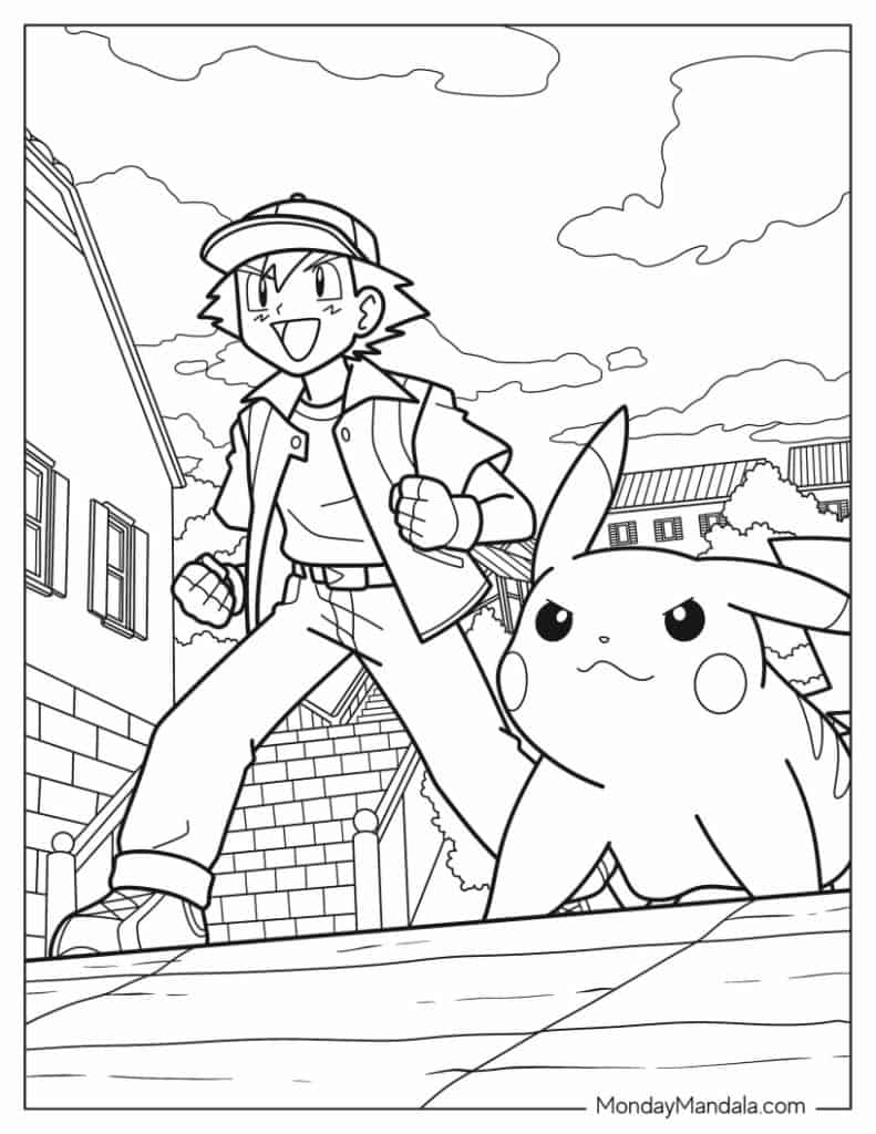 Detailed Coloring Page Of Ash And Pikachu - Pokemon Coloring Page