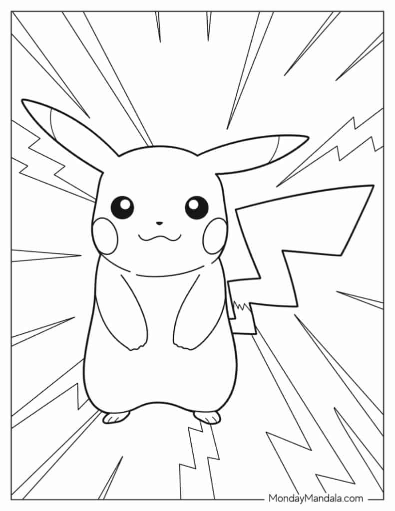Easy Pikachu With Electricity - Pokemon Coloring Page