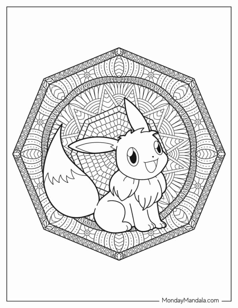 Eevee Inside Octagon Mandala - Pokemon Coloring Page
